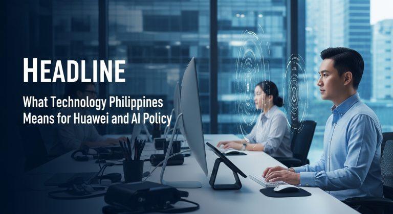 Philippines map with Huawei logo and AI network imagery.