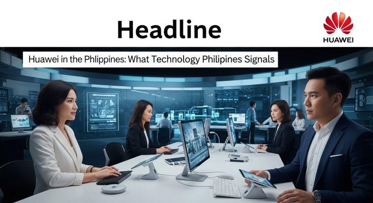 Huawei Philippines technology landscape with AI and 5G imagery over a city skyline