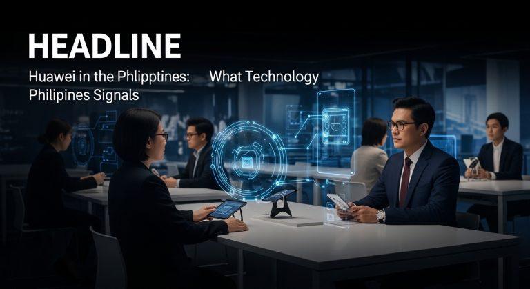 Editorial illustration of Huawei influence in the Philippines tech scene, with AI and 5G visuals.