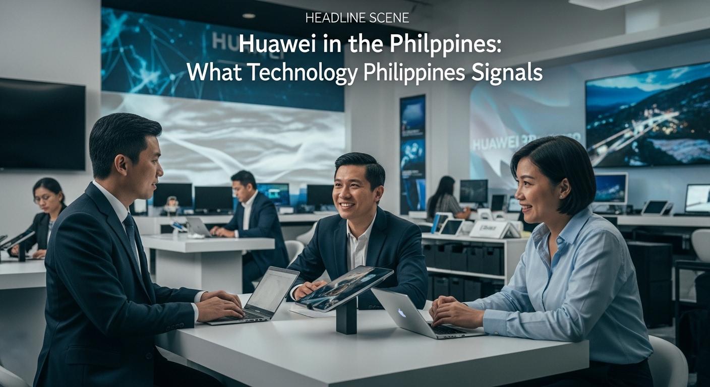 Editorial illustration of Huawei influence in the Philippines tech scene, with AI and 5G visuals.