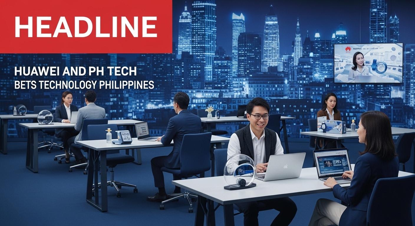 Editorial illustration of Huawei's technology footprint in the Philippines, including data centers and 5G IoT networks.