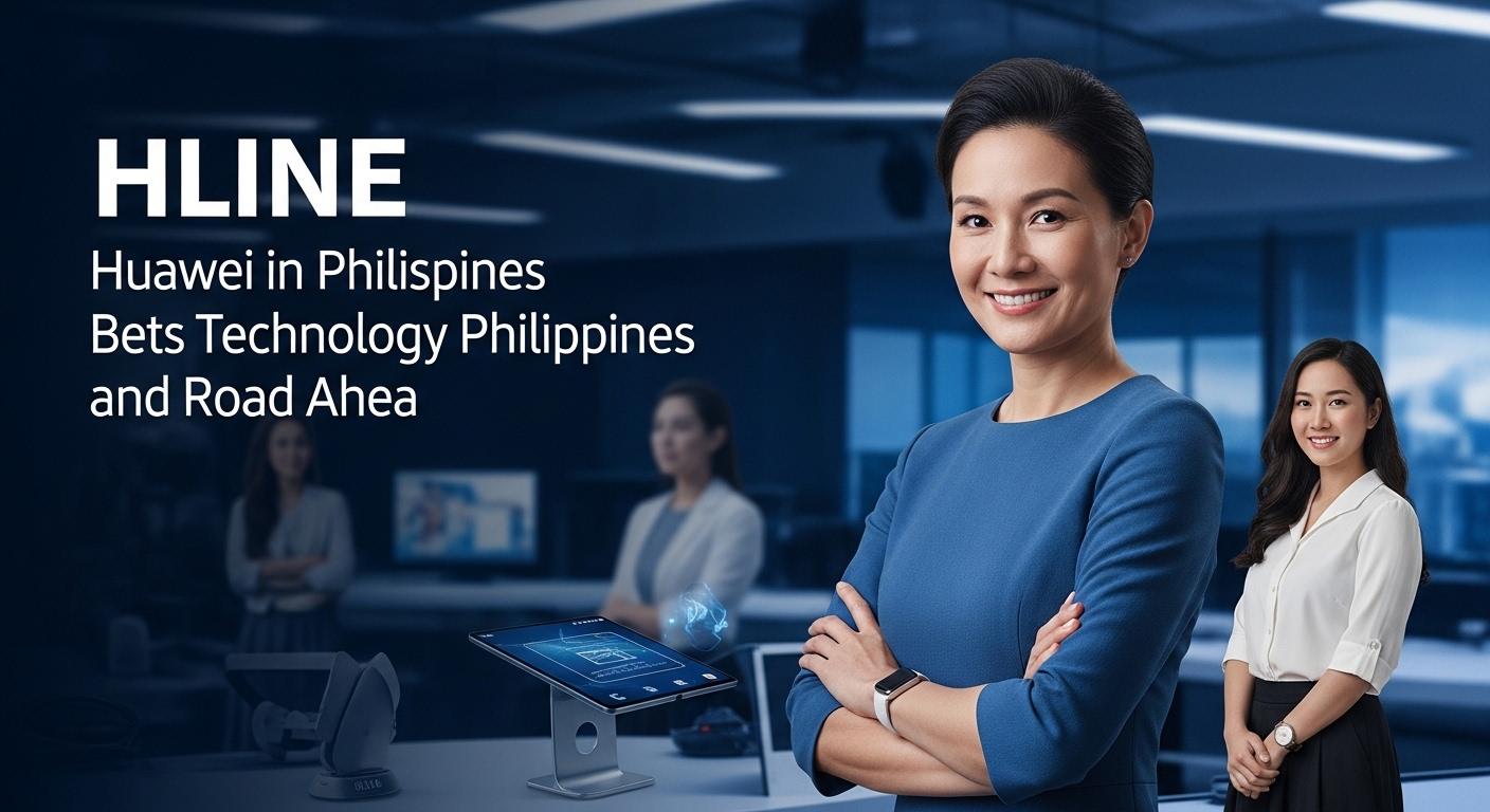 Editorial illustration showing Huawei-led technology bets in the Philippines with data centers and IoT imagery.
