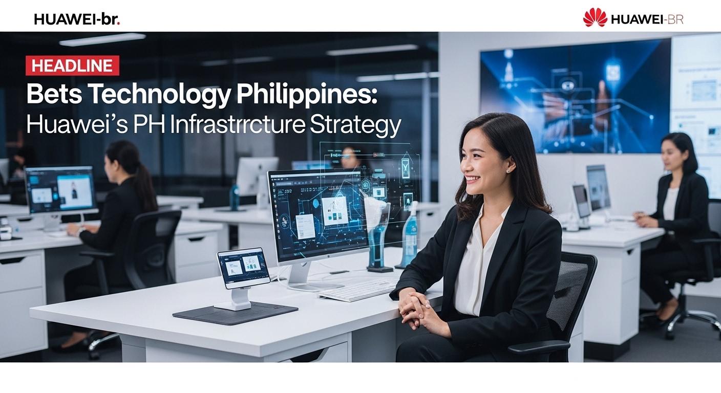 Editorial map of Huawei PH data centers and 5G infrastructure amidst tropical cityscape