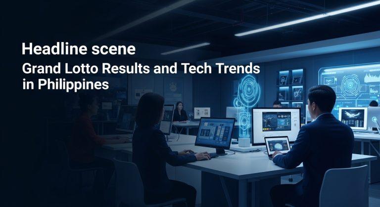 Newsroom with devices displaying lottery results and Huawei branding, symbolizing tech coverage of grand lotto results i