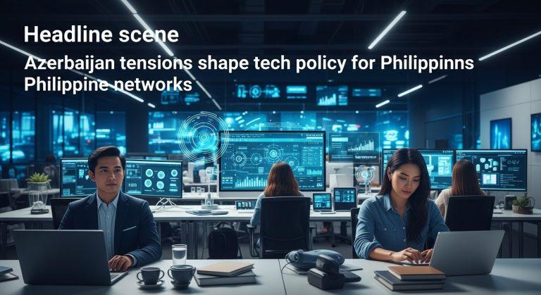 Map showing Azerbaijan and the Philippines connected by network lines with drones overhead and 5G icons.