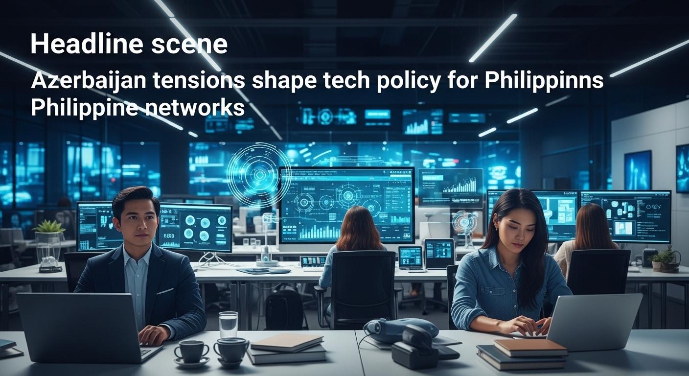 Map showing Azerbaijan and the Philippines connected by network lines with drones overhead and 5G icons.