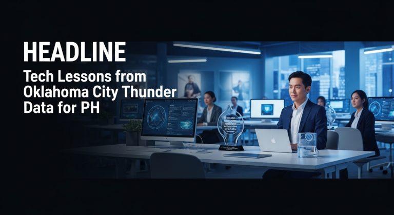 Graphic depicting basketball analytics and 5G technology themed for Huawei Philippines technology coverage.