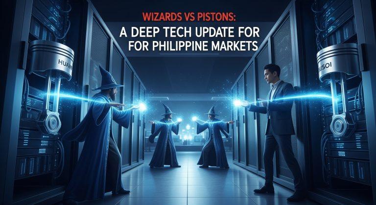 Illustration of the wizards vs pistons metaphor in tech hardware-software competition.